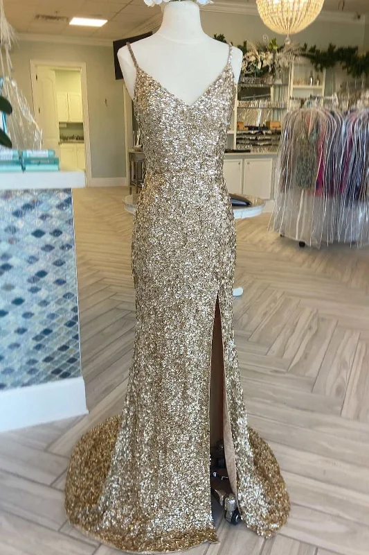 flowy prom dressesGold Sequin V-Neck Mermaid Long Prom Gown with Slit