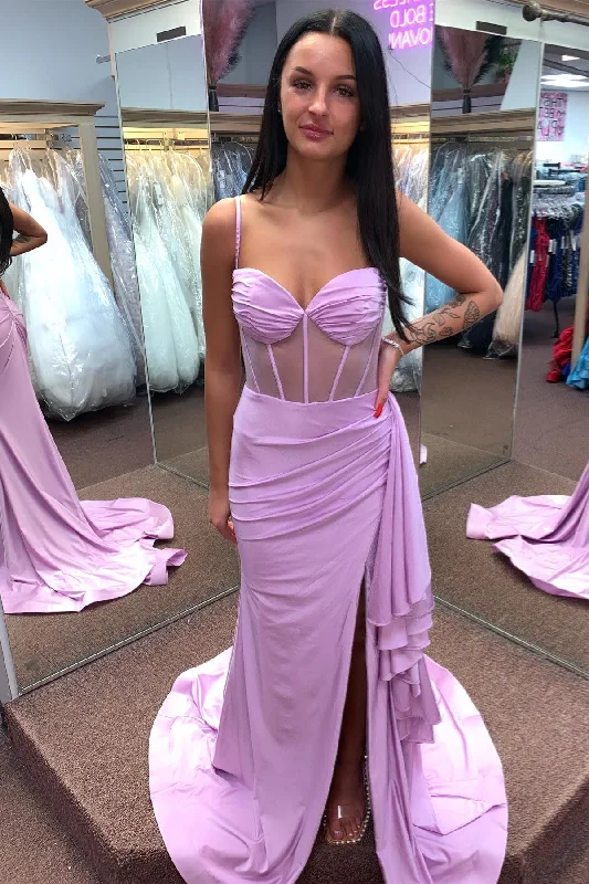 prom dresses for tall girlsLilac Cascading Ruffle Mermaid Satin Long Prom Dress with Slit