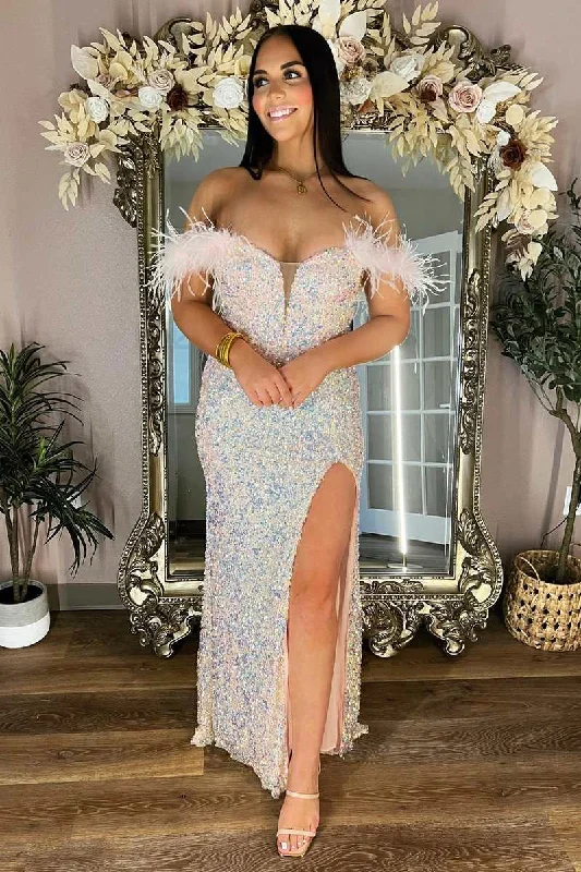 flutter sleeve prom dressesPink Iridescent Sequin Feather Off-the-Shoulder Long Prom Dress with Slit