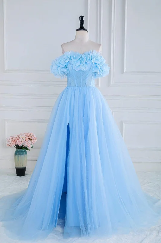 ready-to-wear prom dressesLight Blue Flowers Off-Shoulder A-line Long Prom Dress with Slit