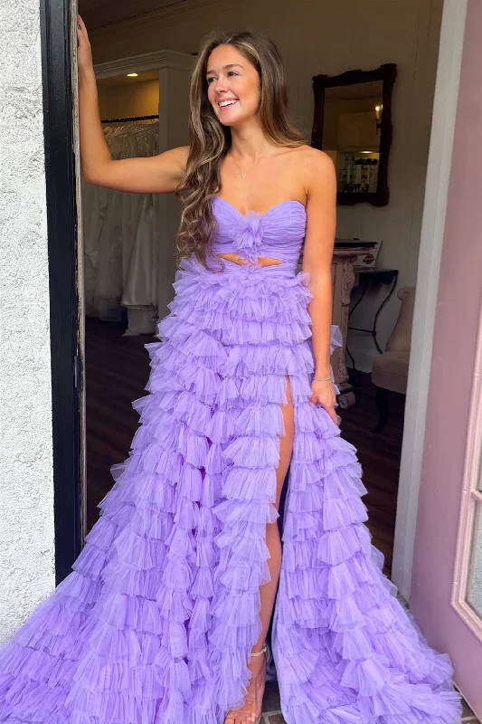 ready-to-wear prom dressesLavender Strapless Layers A-line Ruffled Long Prom Dress with Slit