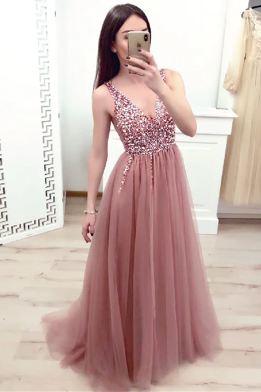 prom dress inspiration galleriesBlush Pink Beaded Long Prom Dress with Slit