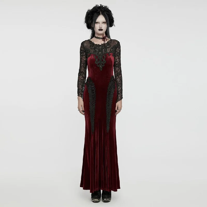 dark prom dressesWomen's Gothic Lace Splice Velvet Fishtailed Prom Dress Red