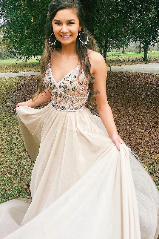 modern prom dressesStraps Beaded Long Champagne Prom Dress