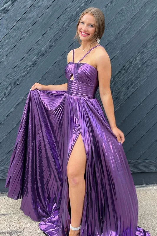 sweetheart neckline prom dressesPurple Spaghetti Straps Metallic Keyhole Long Prom Dress with Slit