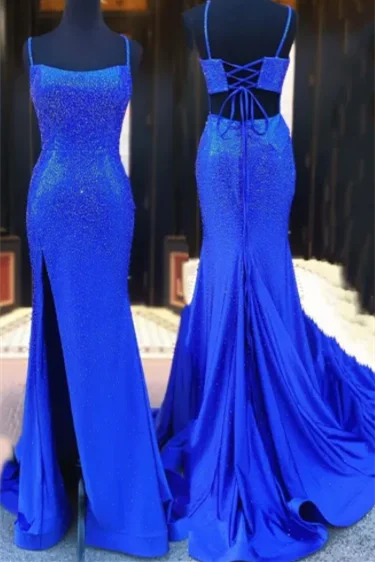 prom dresses for tall girlsBeaded Mermaid Royal Blue Slit Long Prom Dress