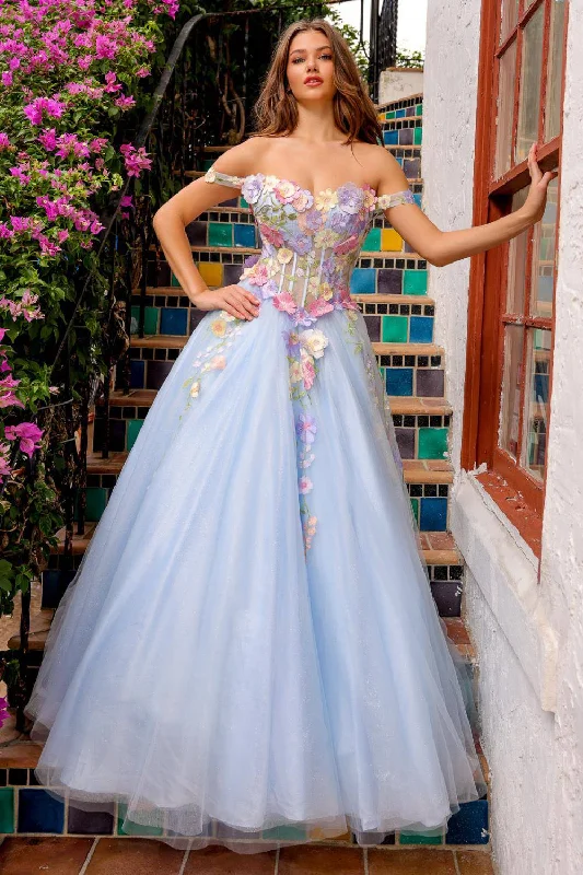 prom dress style guidesOff Shoulder Tulle Skirt Floral Applique A-Line Long Prom Dress AC6124