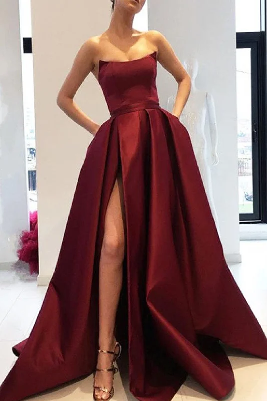 prom dresses for springStrapless A-Line Burgundy Long Prom Dress with Slit