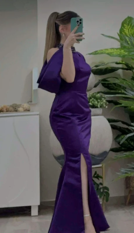 high-low prom dressesElegant Purple Halter Mermaid Satin Long Formal Prom Dress, D199