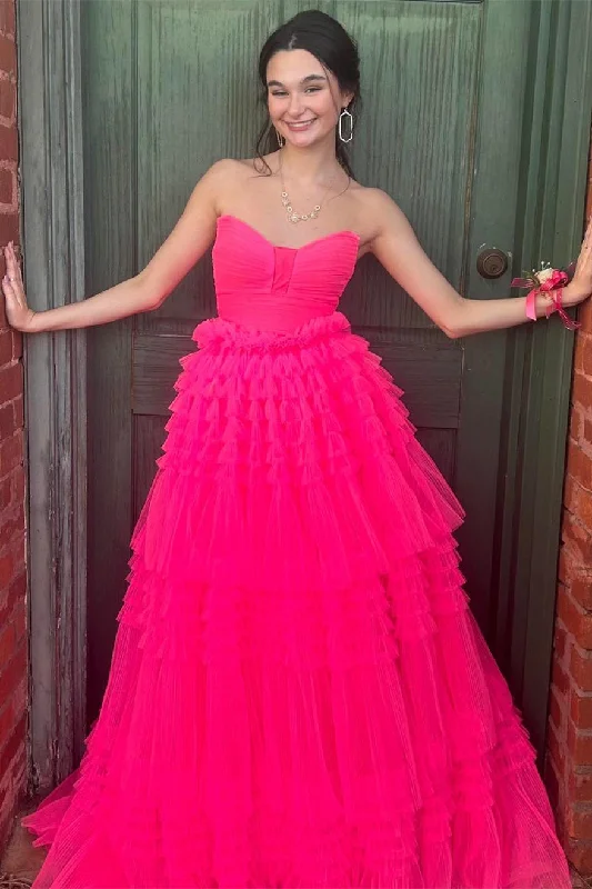 prom dresses for hourglass figuresFuchsia Strapless Pleated Ruffle-Layers Long Prom Dress