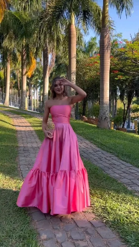 petite prom dressesPink Strapless A-Line Satin Birthday Outfits Long Prom Dress MD7268