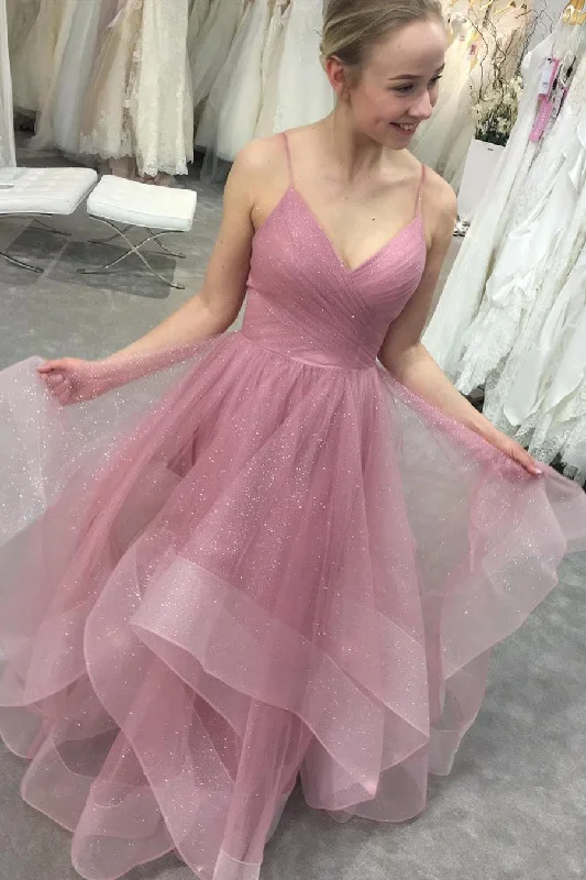 high-slit prom dressesGlitter Straps Ruffled Pink Long Prom Dress