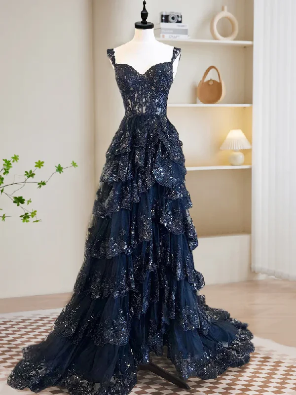 geometric print prom dressesA-Line Tulle Sequin Dark Navy Long Prom Dress, Sequin Long Formal Dress  MD7237