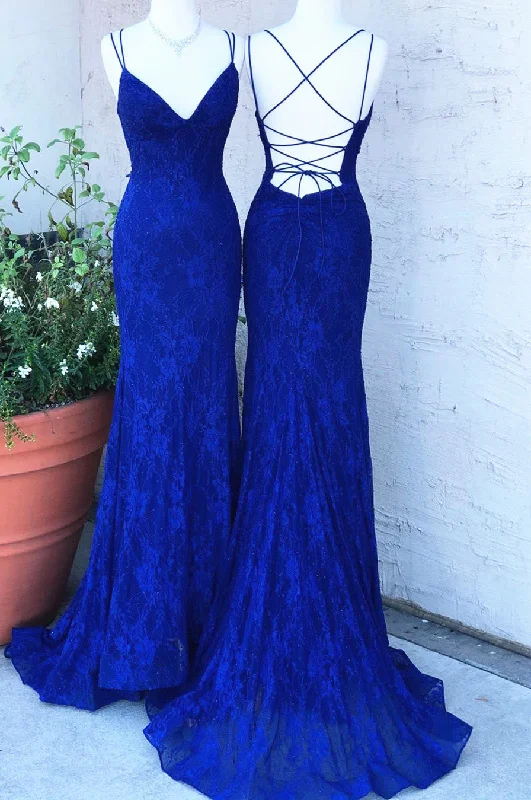 metallic prom dressesElegant Straps Royal Blue Lace Long Prom Dress