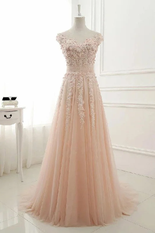 sweetheart neckline prom dressesA Line Sheer Neck Cap Sleeves Tulle Prom Dresses, Lace Appliqued Long Formal Dresses M1967