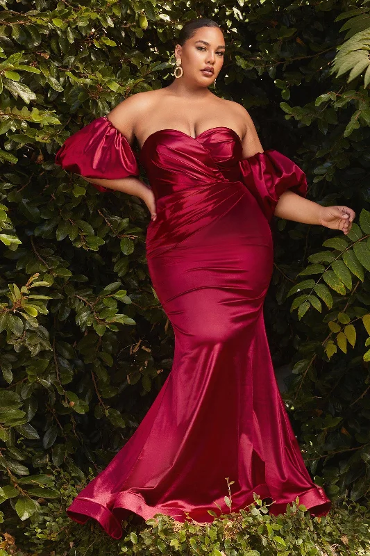 prom dresses for apple shapesPlus Size Puff Sleeves Satin Curve Gathered Wrapped Sweetheart Open Back Long Prom Dress CDCD983C