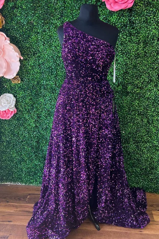 prom dress accessoriesPurple Sequin One-Shoulder Backless A-Line Long Prom Dress