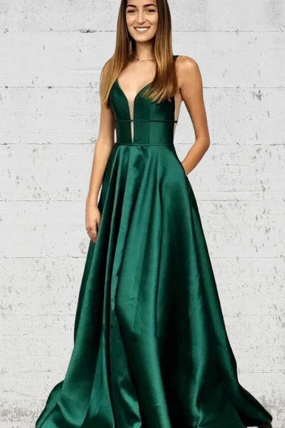 dark prom dressesDark Green Long Prom Dress with Pockets