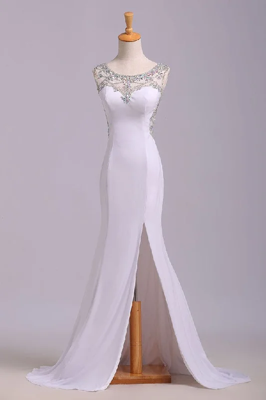 metallic prom dressesWhite Mermaid Sleeveless Split Prom Dress with Sequins, Sweep Train Dress with Rhinestones M1511