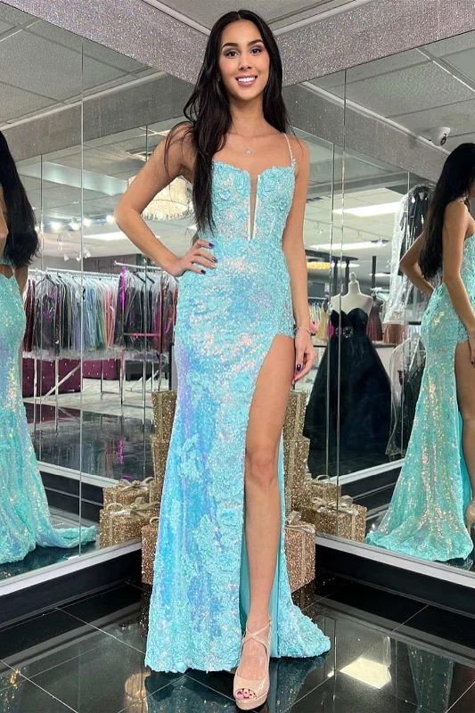 silk prom dressesLight Blue Sequin Appliques Plunge Neck Long Prom Dress with Slit