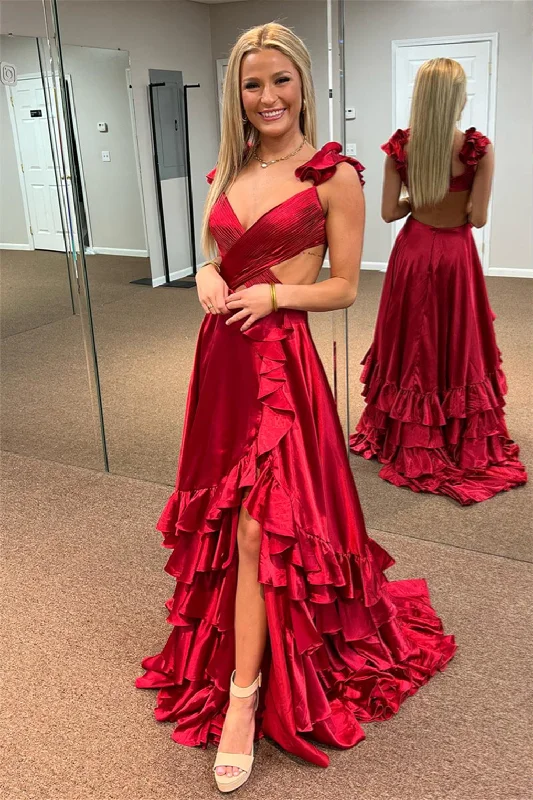 prom dresses with beaded accentsRed Ruffled Crossed Top Hi-Low Layers Long Prom Dress