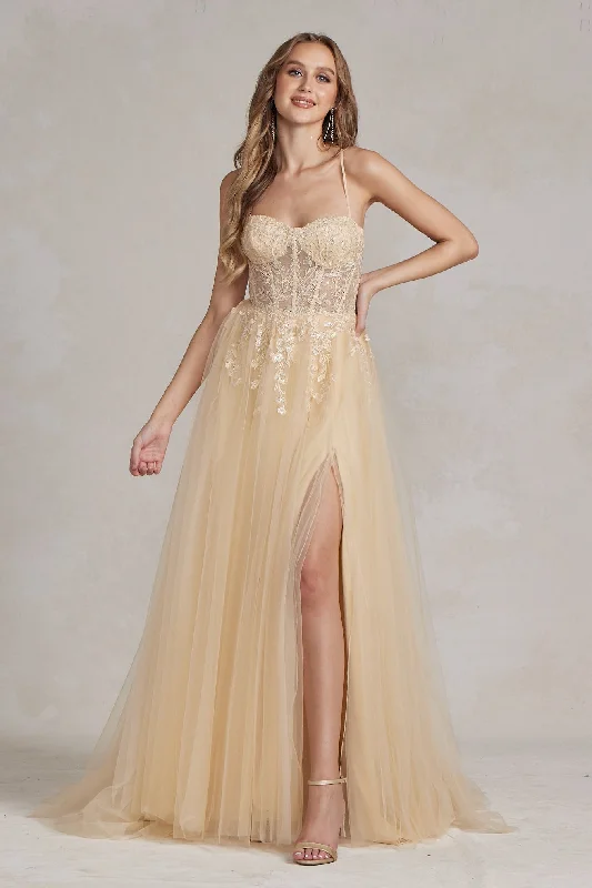 off-shoulder prom dressesEmbroidered Bodice Side Slit Tulle Skirt Long Prom Dress NXJ1089