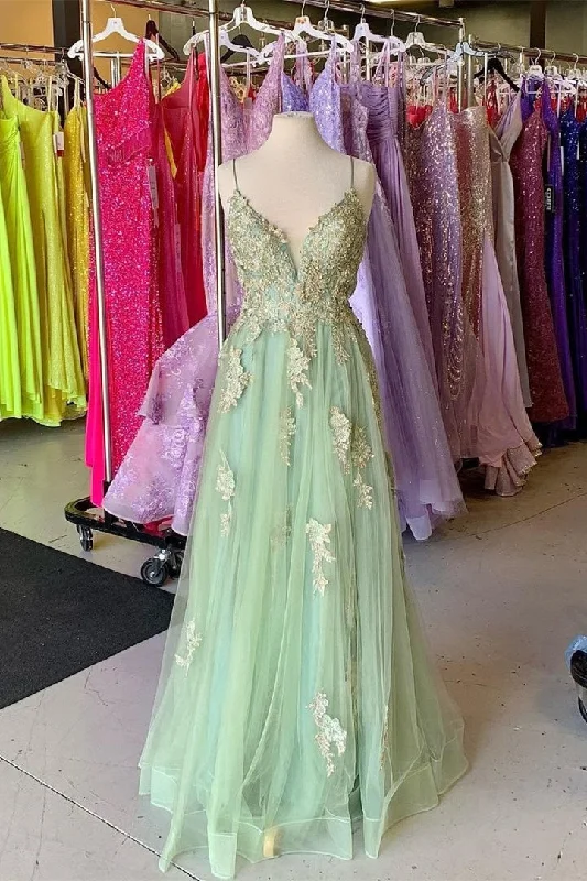 prom dresses with sheer overlaysSage Green Floral Appliques Straps A-Line Prom Dress