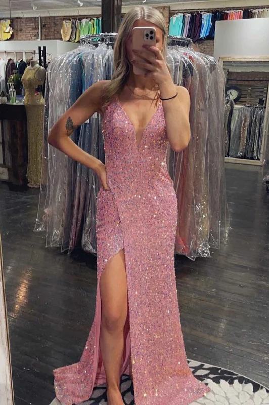 sweetheart neckline prom dressesPink Iridescent Sequin Plunge Neck Lace-Up Long Prom Dress