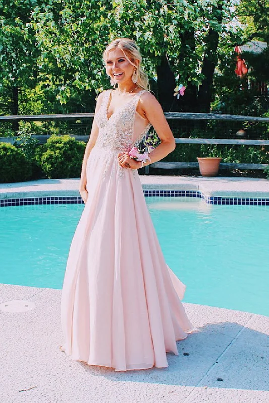 halter neck prom dressesV-Back Beaded Pink Long Prom Dress with Mesh