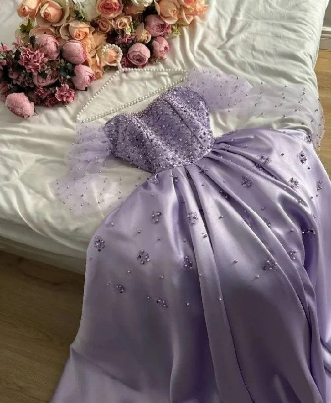 prom dresses for summerLilac A-Line Satin Beading Long Formal Prom Dress with Long Sleeves, MD7957