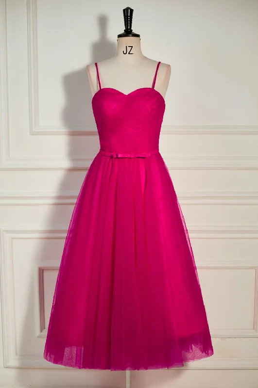 prom dresses for curve-hugging figuresFuchsia Straps A-line Tulle Tea-Length Prom Dress