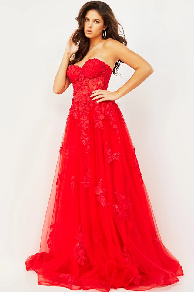 classic prom dressesJovani 07901 Lace Appliques Strapless Prom Gown - Special Occasion/Curves