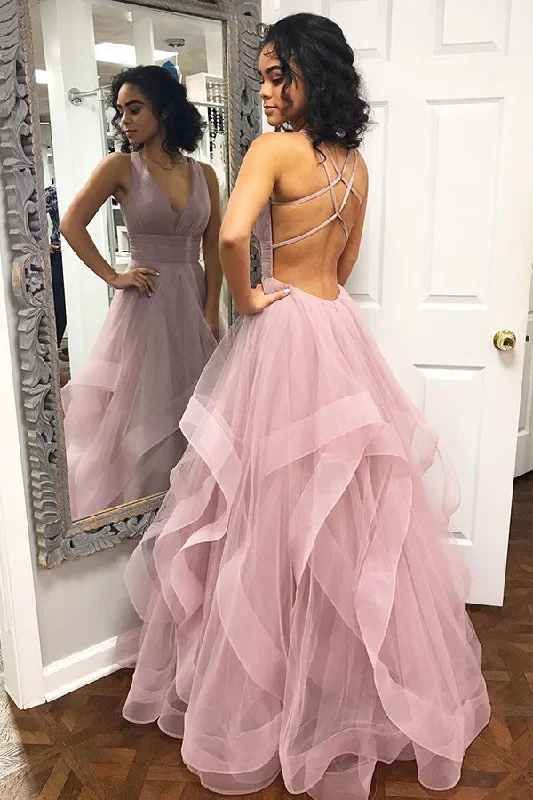 A-line prom dressesPink Ruffled Long Prom Dress with Criss Cross Back