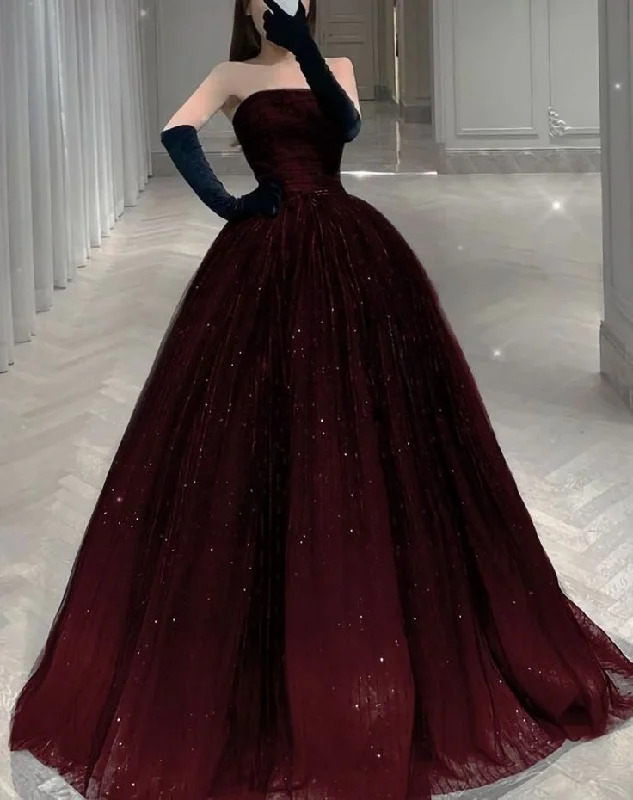 off-the-shoulder prom dressesStunning Burgundy Strapless A-Line Tulle Long Prom Dress Birthday Gown MD7779