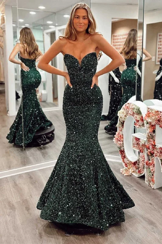 prom dresses for springDark Green Sequin Strapless Trumpet Long Prom Gown