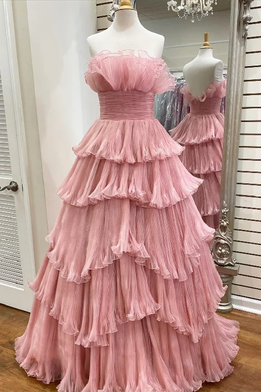 flowy prom dressesCandy Pink Tulle A-line Strapless Ruffles layers Long Prom Dress