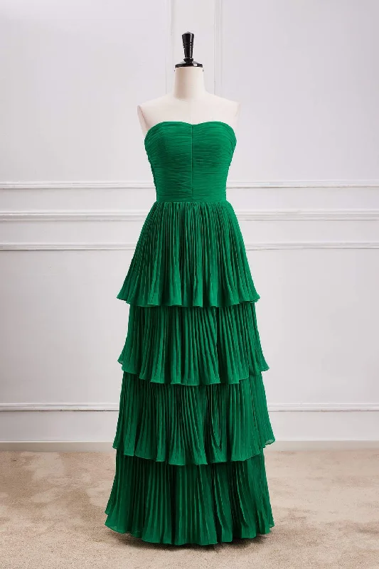 sleeveless prom dressesHunter Green Strapless Pleated A-line Layers Long Prom Dress