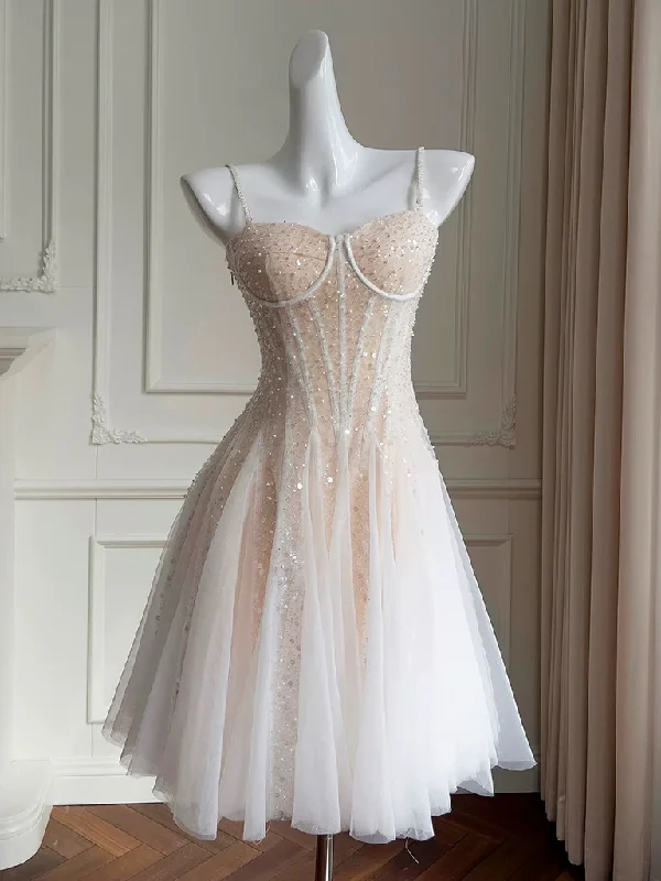 budget-friendly prom dressesA-Line Sweetheart Neck Tulle Sequin Light Champagne Short Prom Dress MD7264