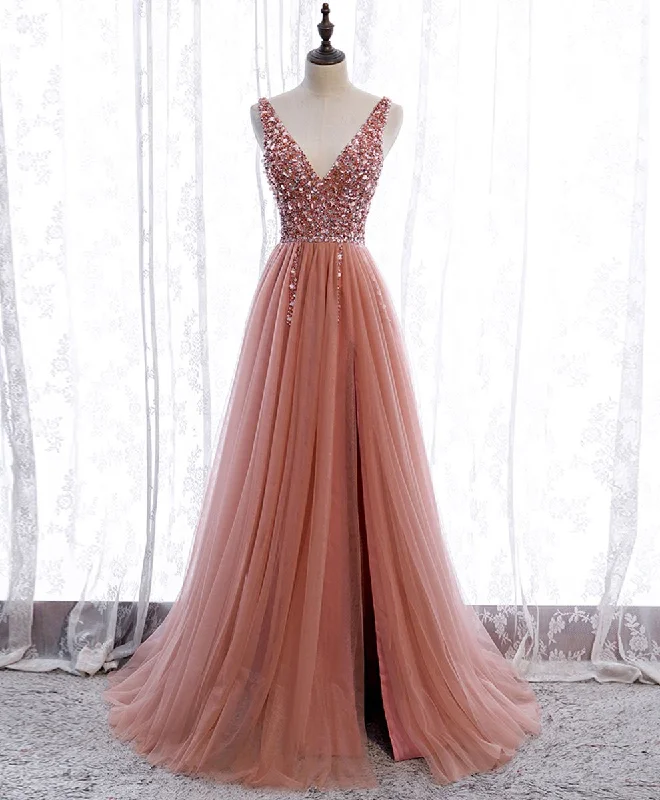 classic prom dressesPink v neck tulle sequin long prom dress pink formal dress M4932