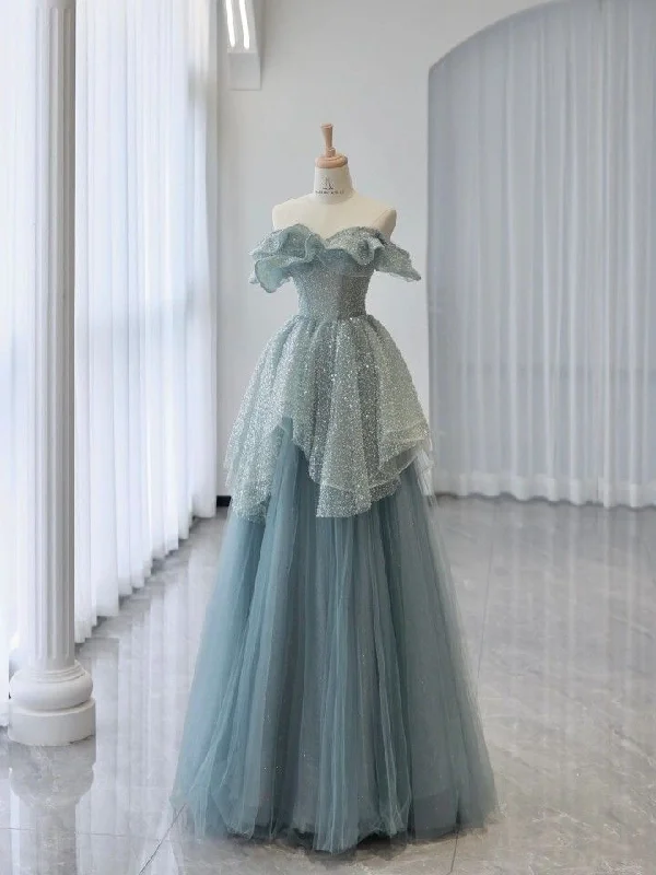 prom dresses with sheer overlaysBlue Off Shoulder A-Line Tulle Sequins Long Formal Prom Dress Evenign Gown MD7520