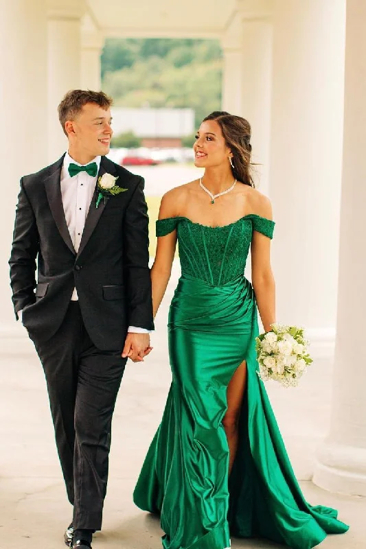 prom dress alterationsOff the Shoulder Green Lace and Mermaid Ruched Long Prom Dress