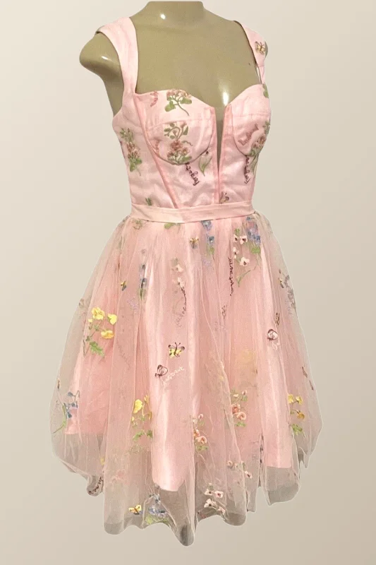 spaghetti strap prom dressesCap Sleeves Pink Floral Short Prom Dress