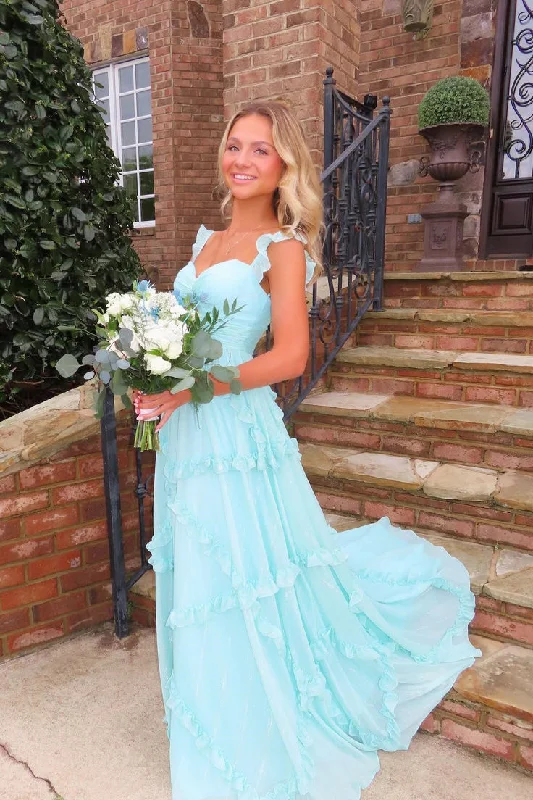 mid-length prom dressesLight Blue Straps A-Line Ruffles Long Prom Dress Graduation Dress MD7296