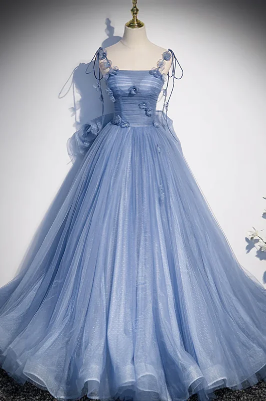 fitted prom dressesBlue Straps Appliques A-Line Tulle Long Prom Gown with Big Bowknot MD7271