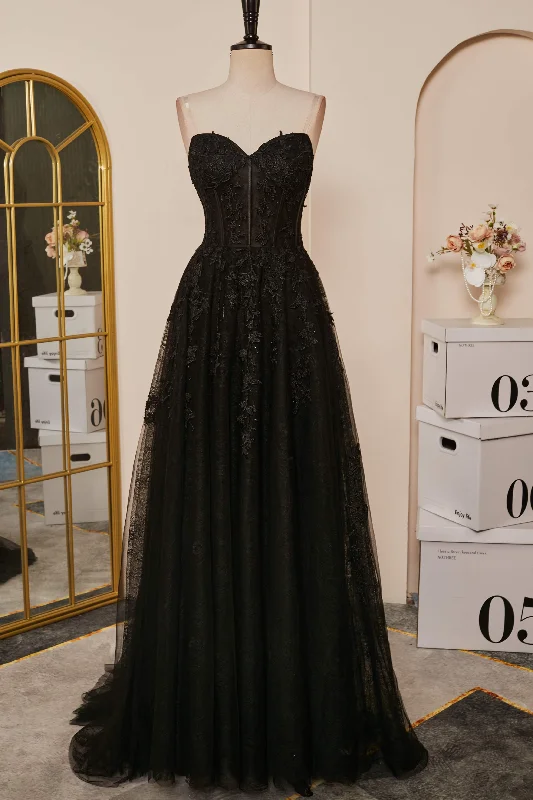 prom dresses with sequin detailingBlack Strapless A-line Appliques Tulle Long Prom Dress