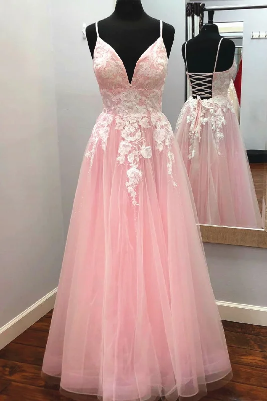 off-the-shoulder prom dressesElegant V Neck Lace-Up Back Pink Long Prom Dress with Appliques