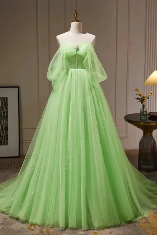 two-piece prom dressesOff Shoulder A Line Tulle Long Prom Dress, Green Formal Gown With Sequins MD7224