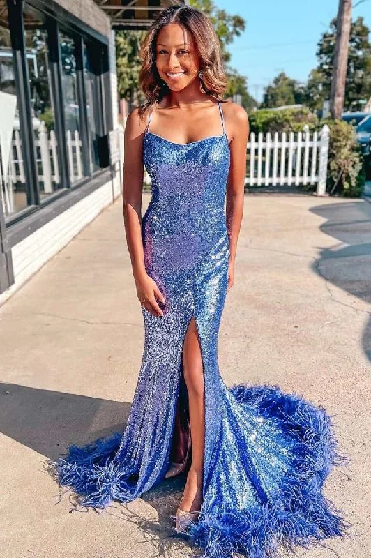 pastel prom dressesBlue Sequin Feather Lace-Up Back Mermaid Long Prom Dress with Slit