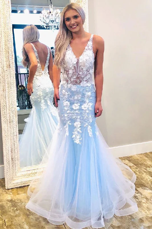 prom dress accessoriesMermaid V Neck Sky Blue Prom Dress with Lace Appliques