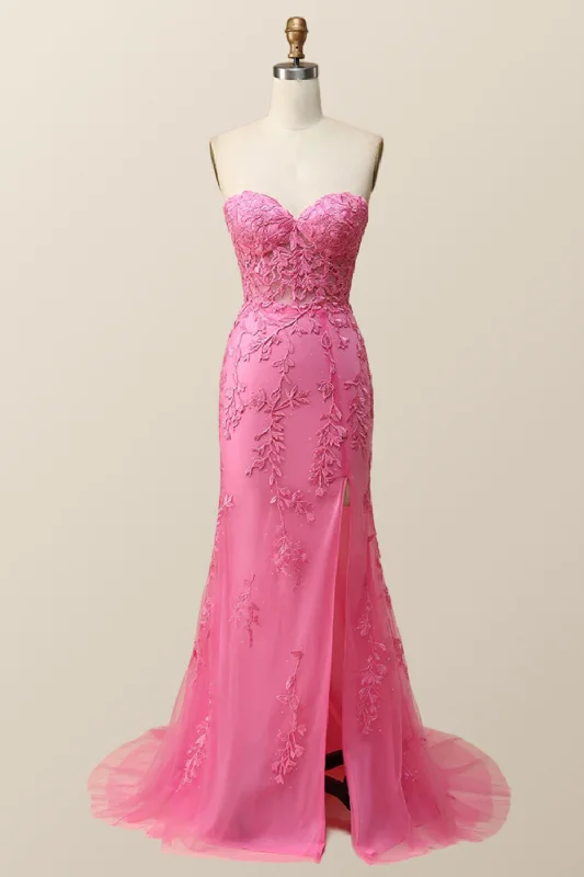 prom dresses for apple shapesStrapless Hot Pink Lace Mermaid Long Prom Dress